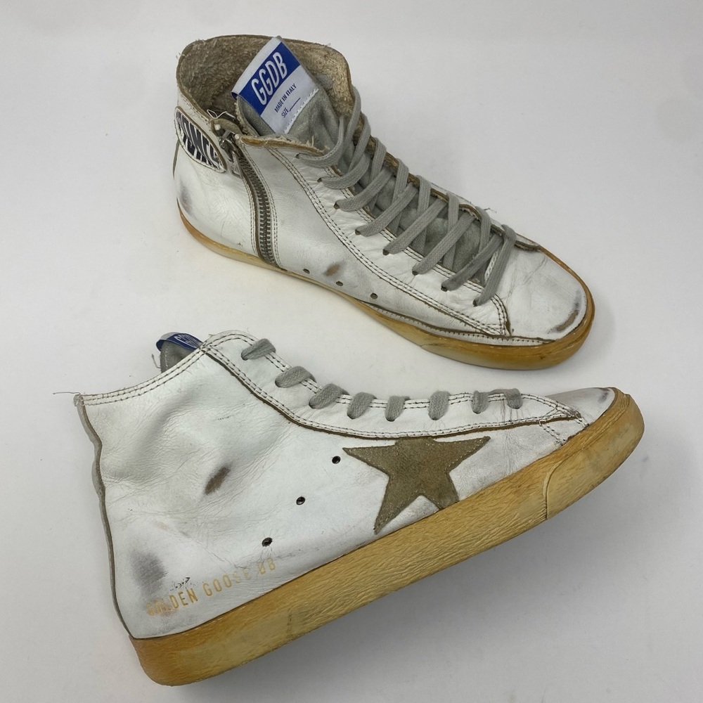 Golden Goose White High-Top Sneakers with Brown Star and Gum Sole